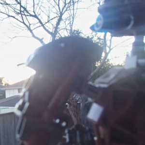 A brown Bionicle gazing over a wooden fence at house roofs and an afternoon sky.